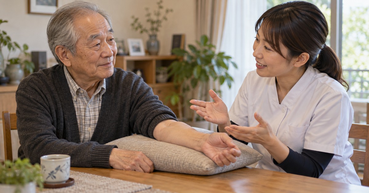高齢男性が腕をクッションで支え専門職と相談している