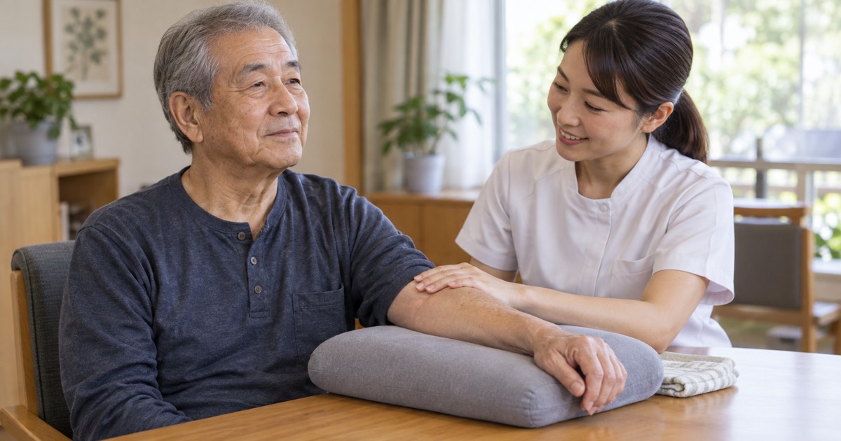 専門職がクッションで支えた高齢男性の前腕にやさしく手を添えている