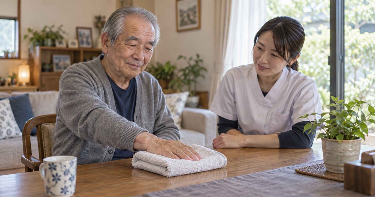 高齢男性が専門職の隣で机上のタオルに手を置いている