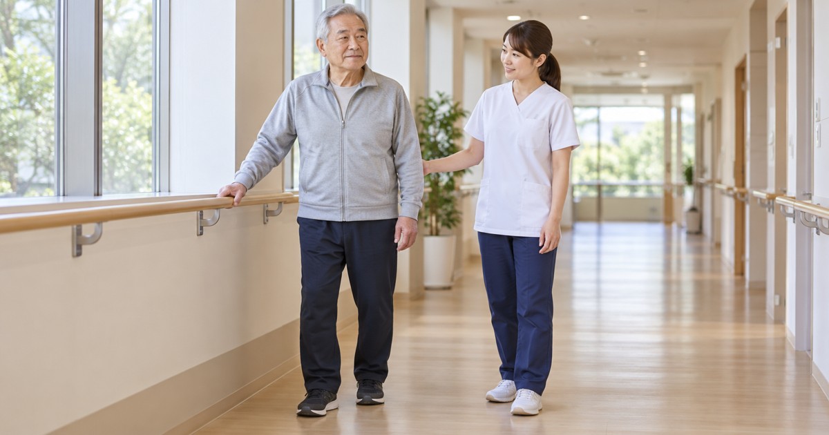 高齢男性が手すりに手を添え専門職のそばで立っている