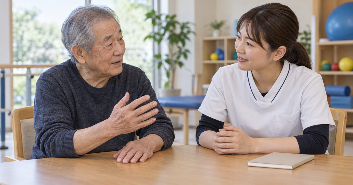 高齢男性と専門職が机上で手の練習について相談している