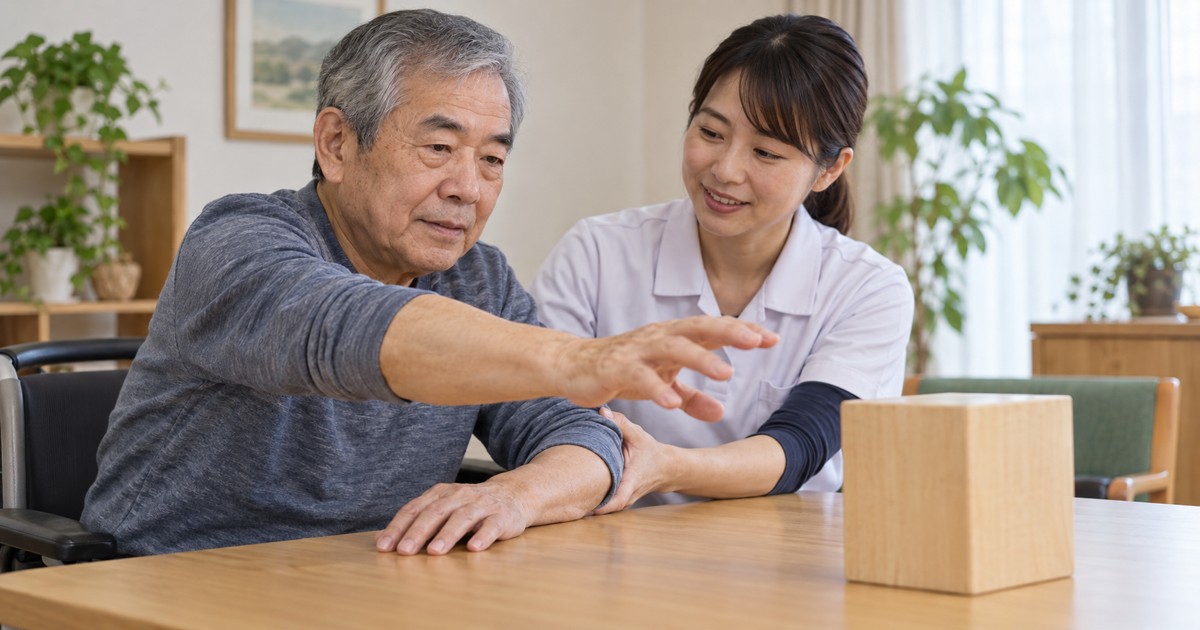 高齢男性が専門職の隣で大きな木のブロックへ手を伸ばしている