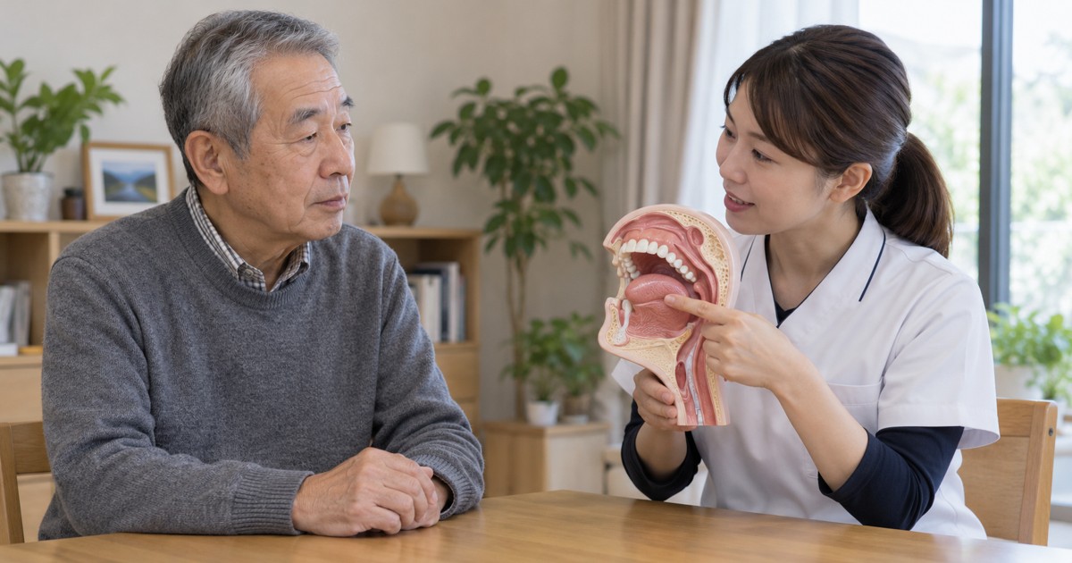 専門職が口と舌の模型を持ち高齢男性に説明している