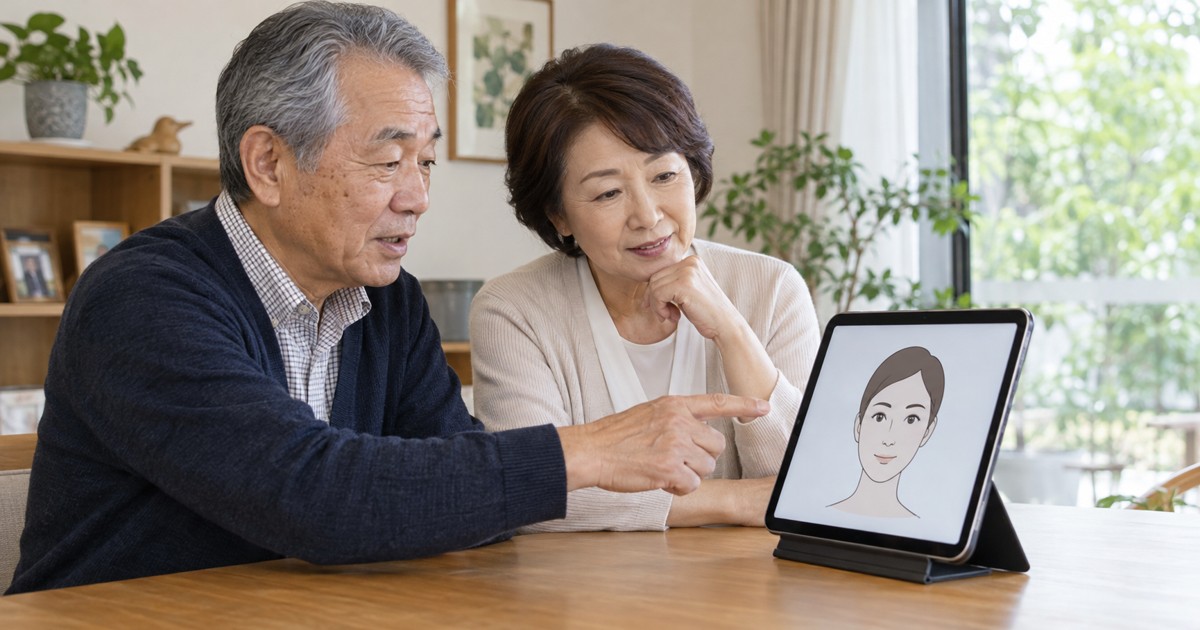高齢の夫婦が顔のイラストを表示したタブレットを見ている