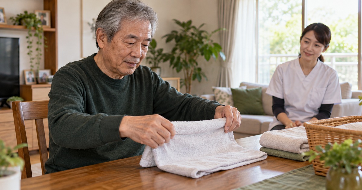 テーブルでタオルをたたむ男性と見守る専門職