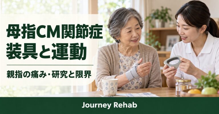 親指の装具を着けた女性と専門職に「母指CM関節症 装具と運動 親指の痛み・研究と限界」と記したサムネイル