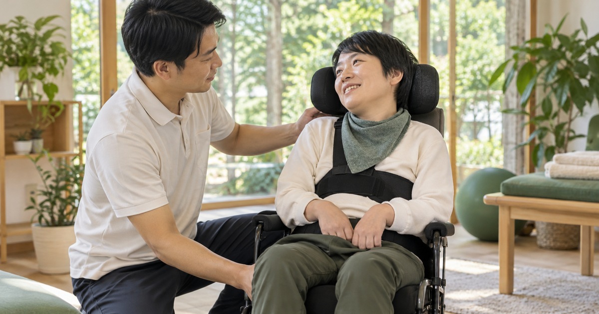 安定した椅子に座って支援者と話す成人男性