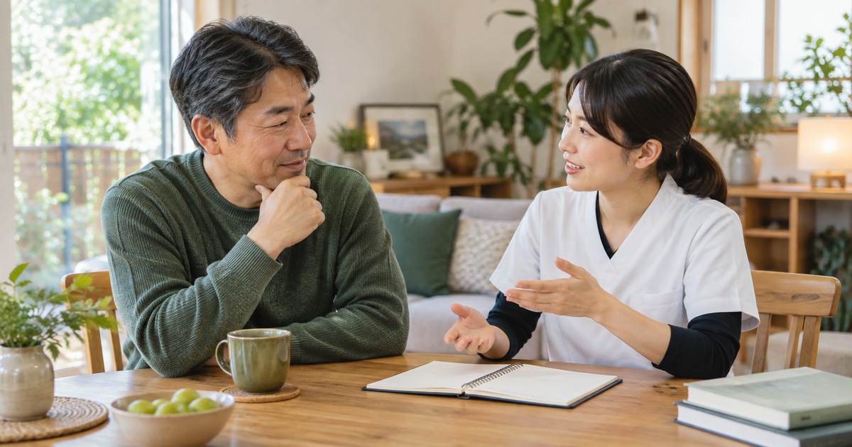 自宅のテーブルで活動と休息について相談する男性と専門職