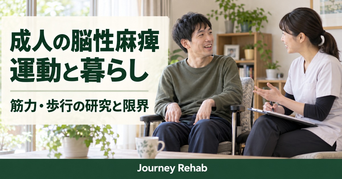 椅子に座る男性と専門職に「成人の脳性麻痺 運動と暮らし 筋力・歩行の研究と限界」と記したサムネイル
