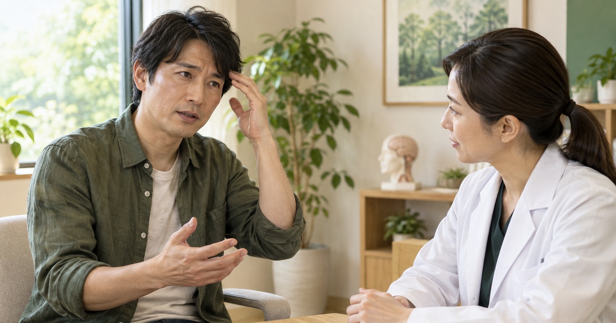座って症状を説明する男性と話を聞く専門職
