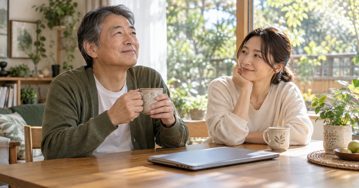 家族と一緒にテーブルで休憩をとる男性
