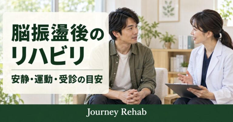 男性と専門職に「脳振盪後のリハビリ 安静・運動・受診の目安」と記したサムネイル