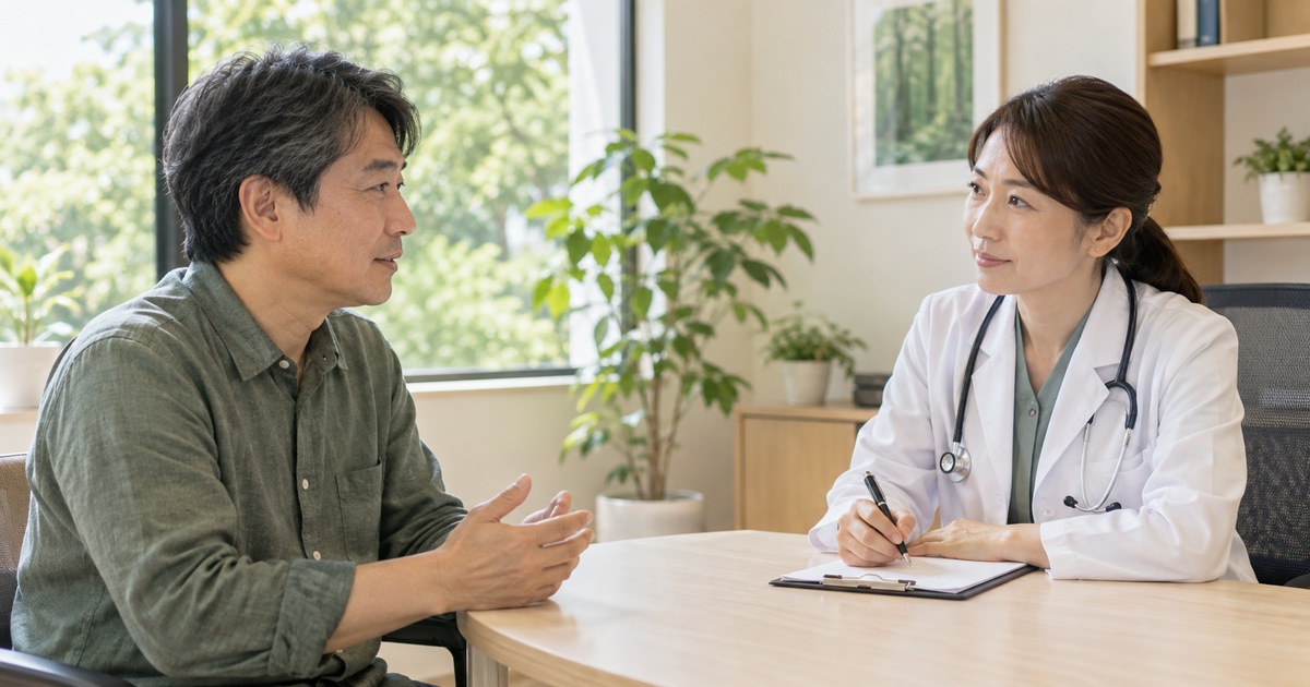 椅子に座り気持ちを話す男性と話を聞く専門職