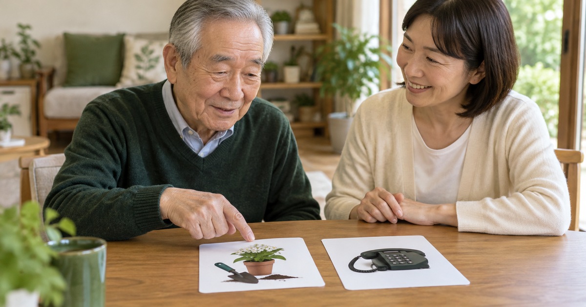 植物と電話の絵を見ながら大切にしたい活動を相談する男性と家族