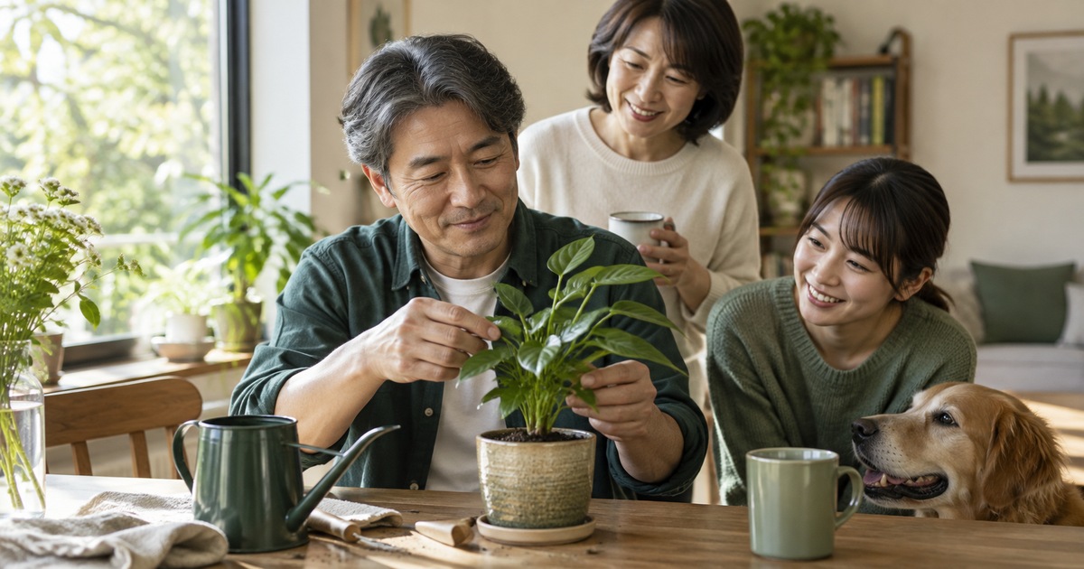 家族と一緒に窓辺の植物を手入れする男性
