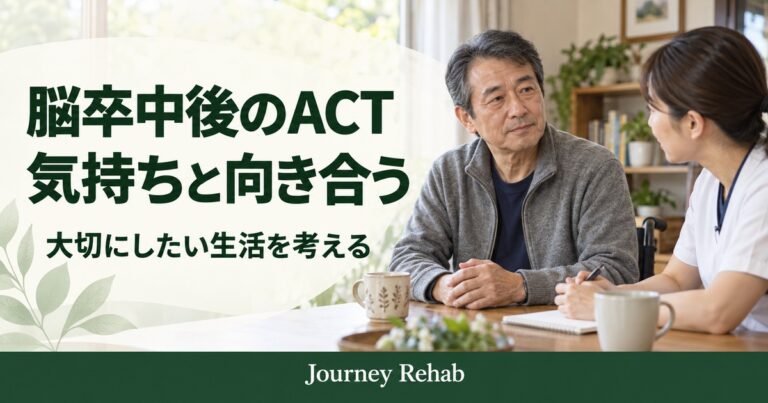 男性と専門職に「脳卒中後のACT 気持ちと向き合う 大切にしたい生活を考える」と記したサムネイル
