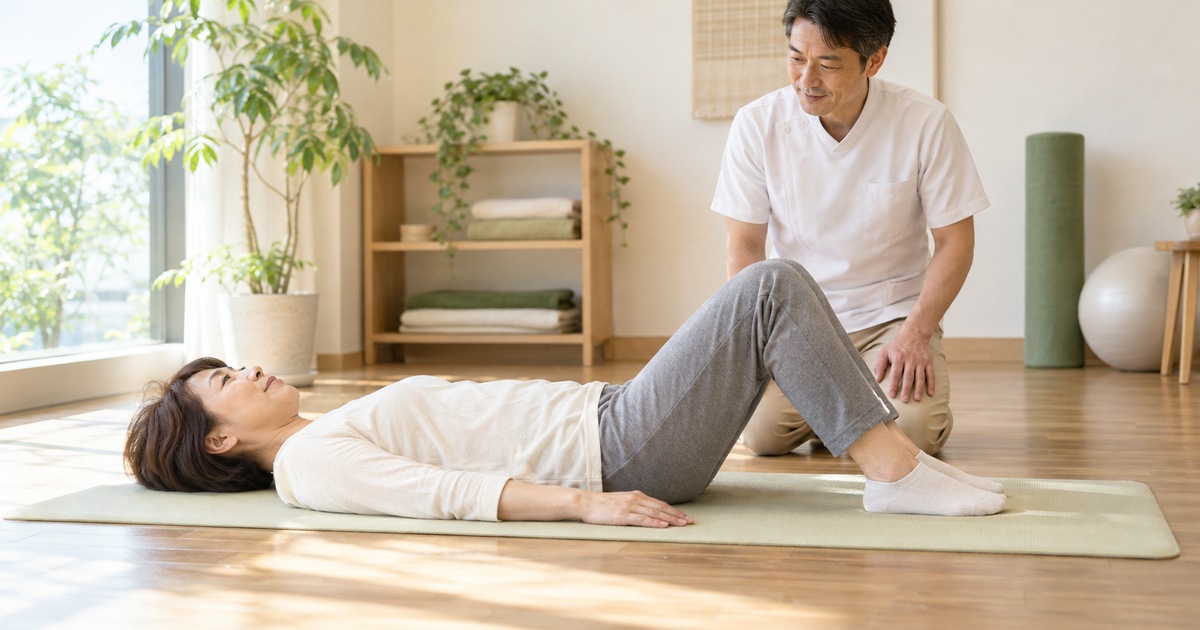 膝を立ててマットに仰向けになる成人と見守る専門職