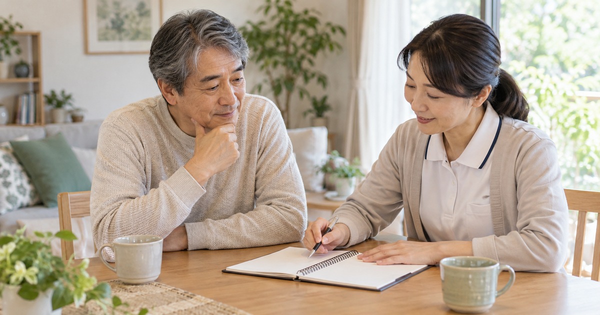 自宅で続ける運動の予定を相談する成人と専門職