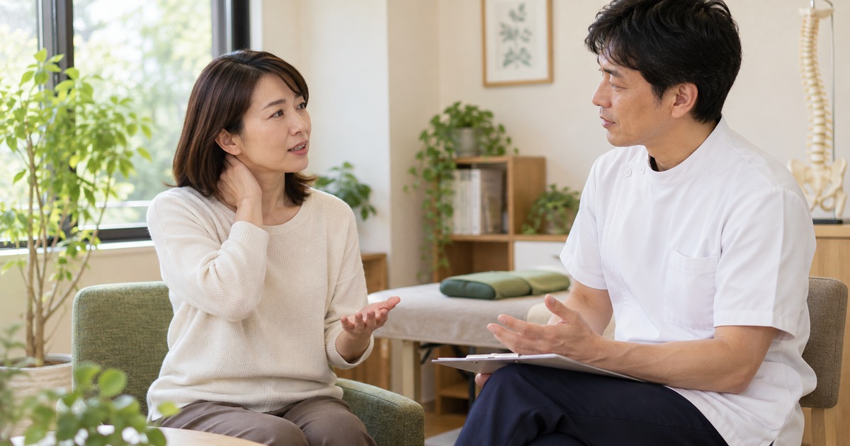 椅子に座り首や肩の状態を話す成人と専門職