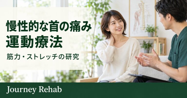 相談場面に「慢性的な首の痛み 運動療法 筋力・ストレッチの研究」と記したサムネイル