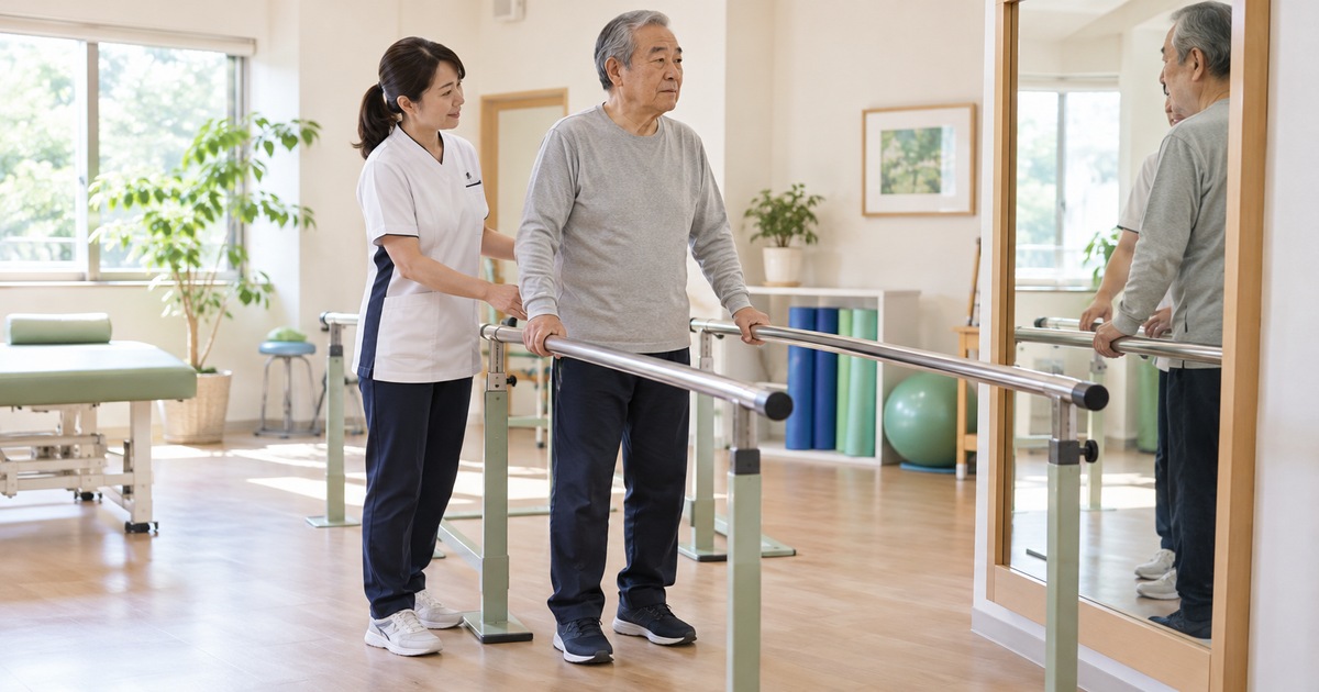平行棒の間で立つ男性とすぐ横で見守る専門職