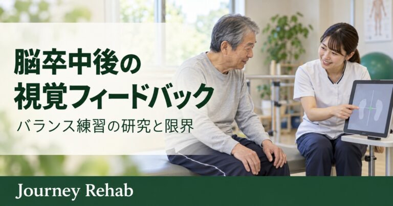 専門職との相談場面に「脳卒中後の視覚フィードバック バランス練習の研究と限界」と記したサムネイル