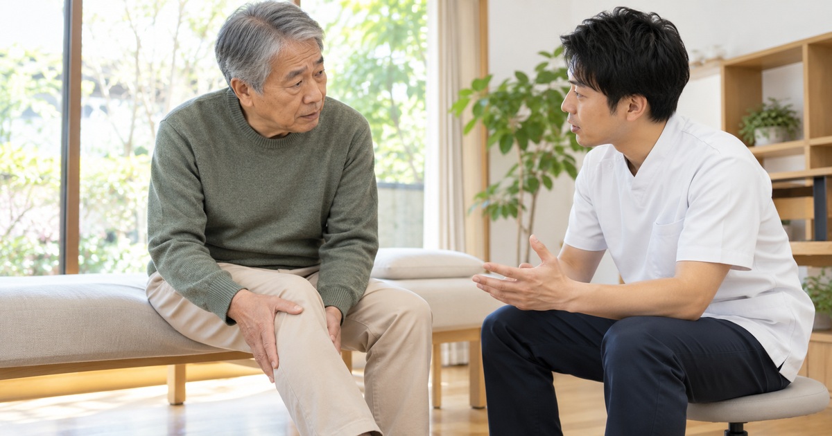 足の状態について専門職と相談する男性
