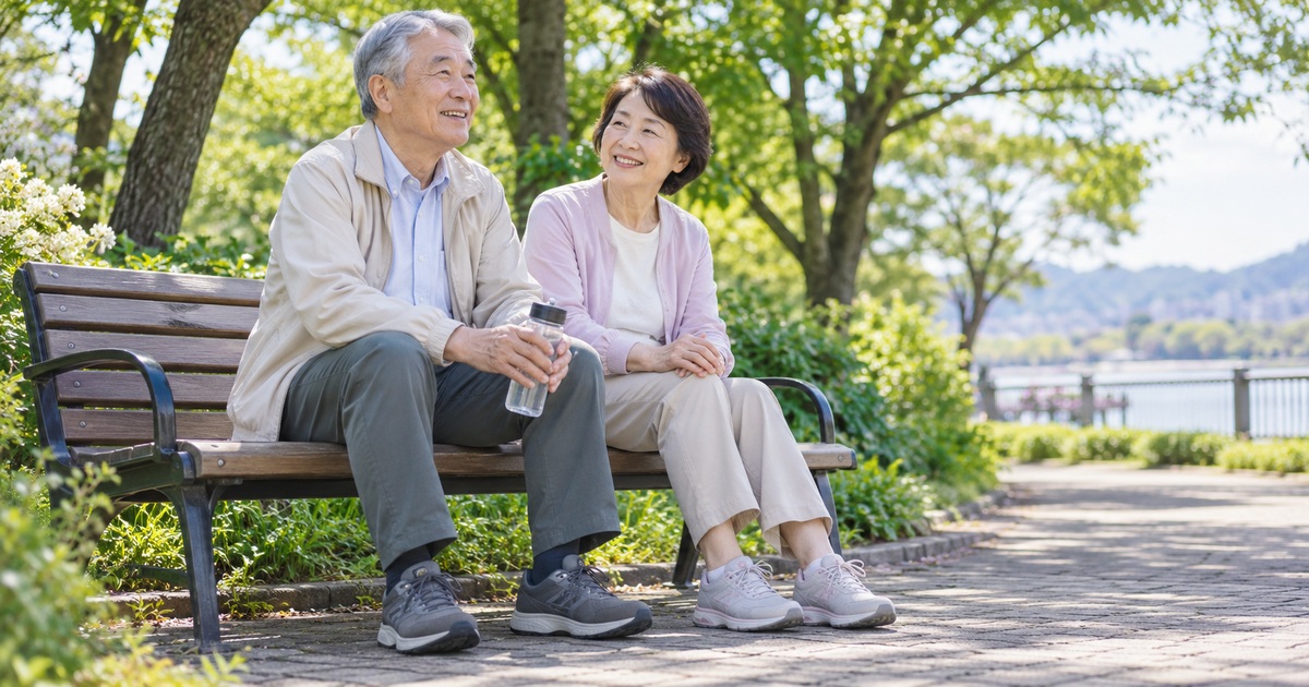 公園のベンチで一緒に休む男女