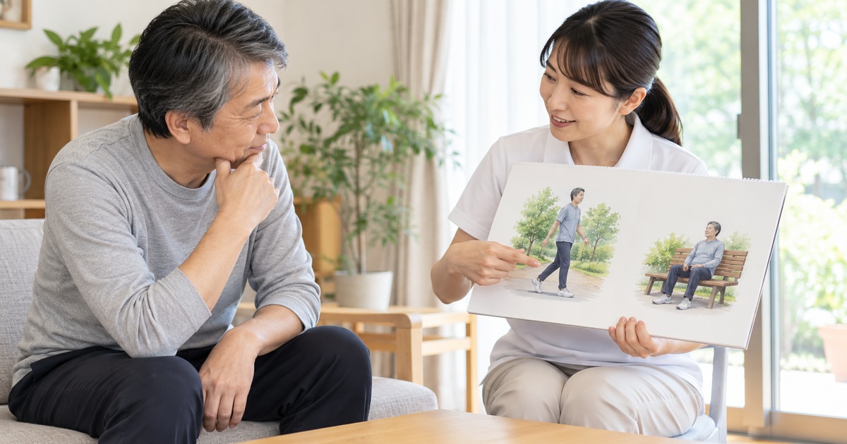 歩行と休息の絵を見ながら専門職と相談する男性
