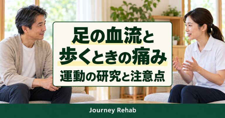 「足の血流と／歩くときの痛み／運動の研究と注意点」とJourney Rehabの文字、歩行について相談する男性を描いた生成サムネイル