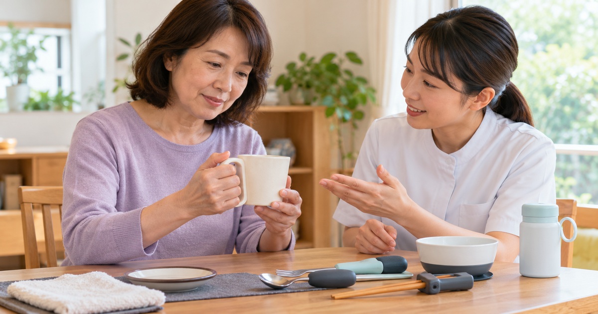 カップや食器の扱いについて専門職と相談する女性