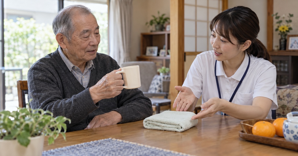 軽いカップを持ち日常動作について専門職と話す男性