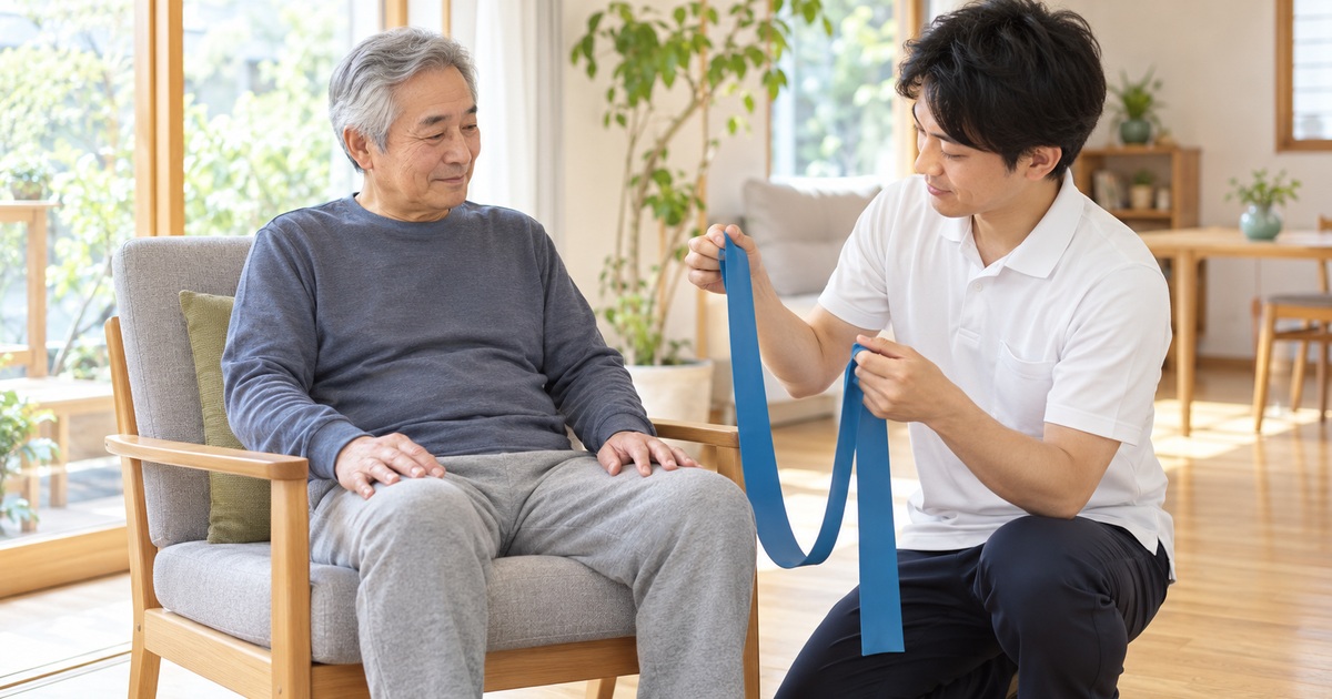 ゴムバンドの状態について専門職と確認する高齢男性