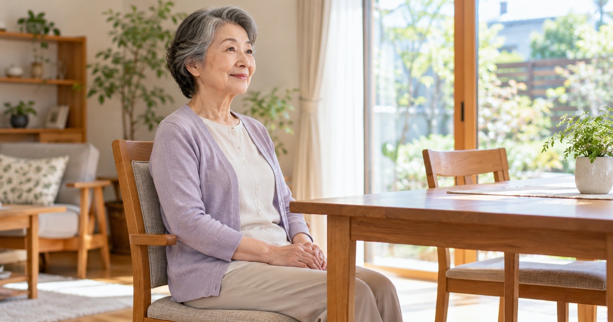 食卓の椅子に安定して座る高齢女性