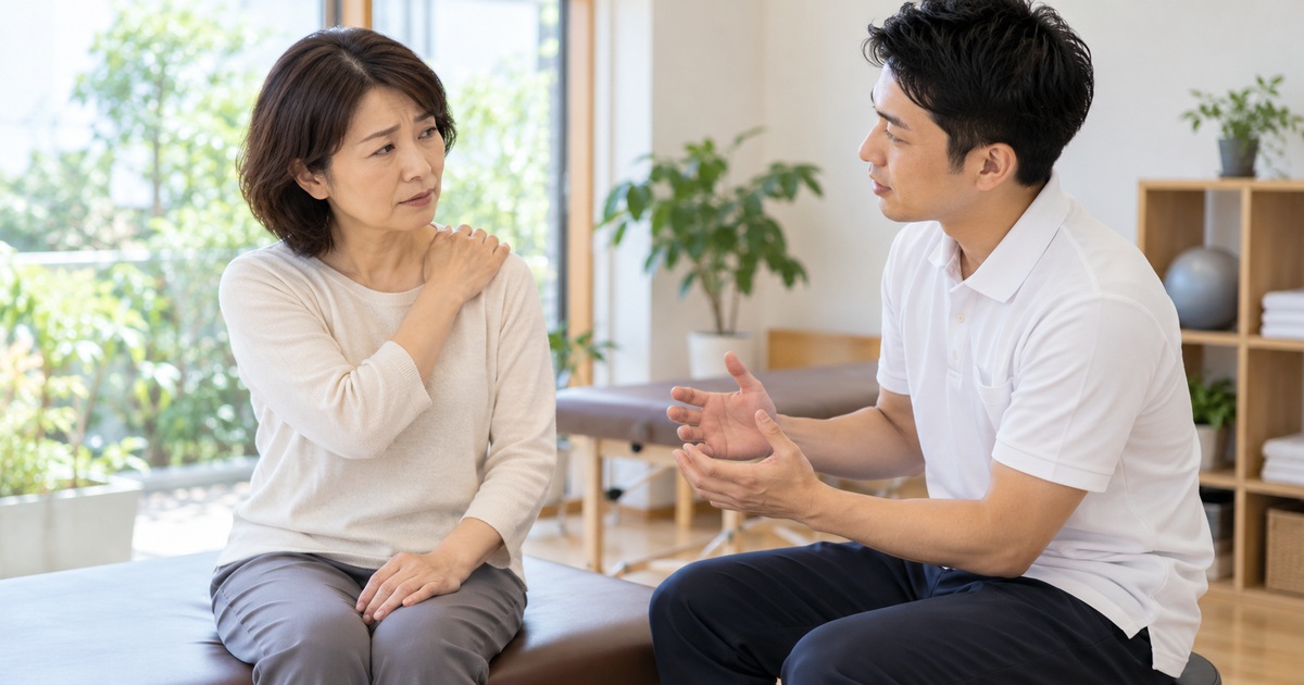 肩の状態について専門職と相談する女性