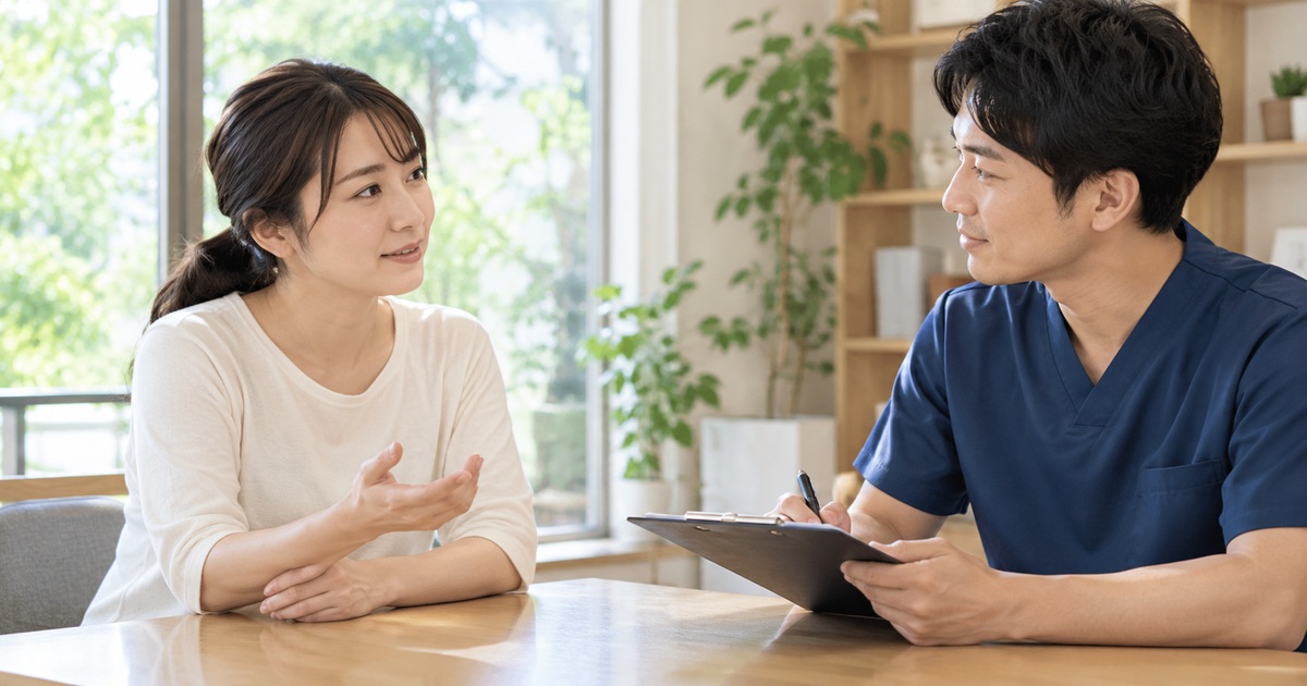 テーブルを挟んで専門職と話す女性