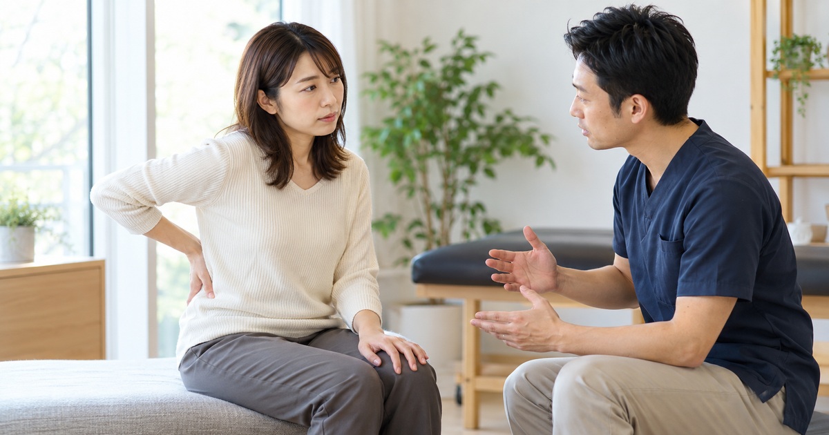 腰の痛みについて専門職と相談する女性