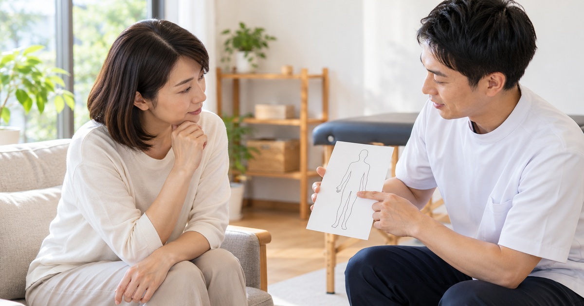 体の図を見ながら専門職の説明を聞く女性