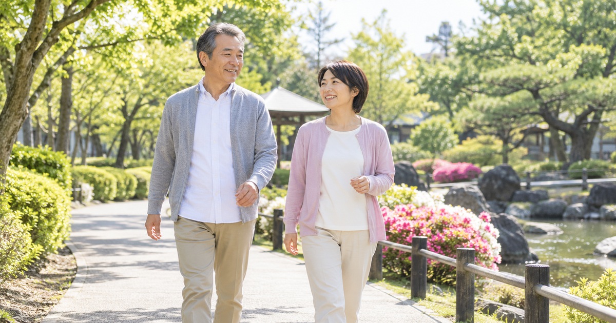 公園の平らな道を一緒に歩く男女
