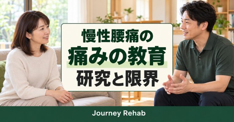 「慢性腰痛の／痛みの教育／研究と限界」とJourney Rehabの文字、腰について相談する女性と専門職を描いた生成サムネイル