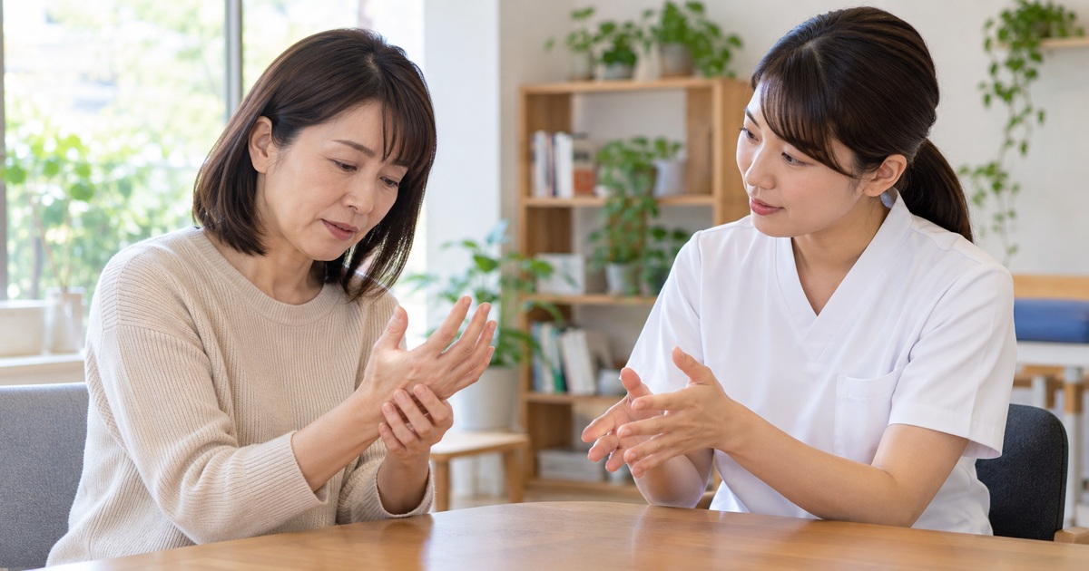 手の状態について専門職と相談する女性