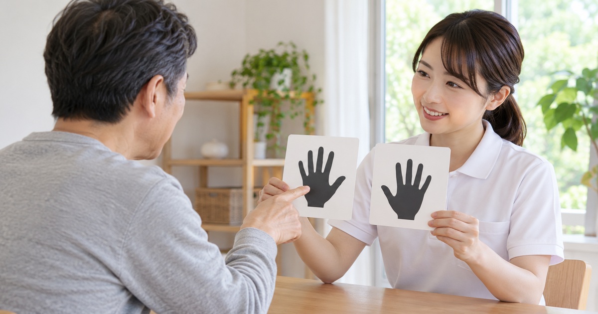 手の絵のカードを見ながら専門職と相談する男性