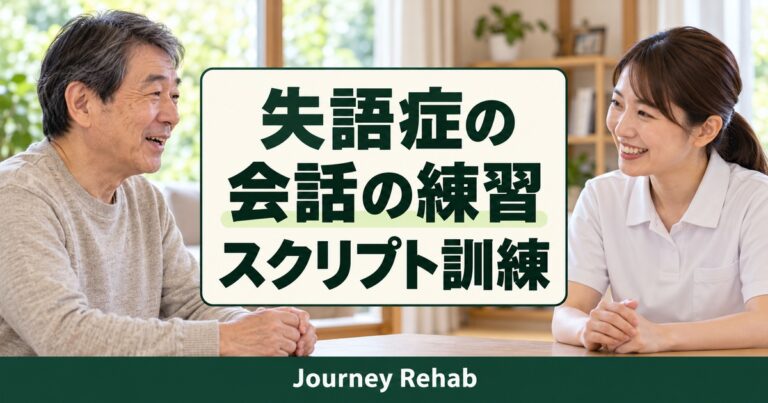 「失語症の／会話の練習／スクリプト訓練」とJourney Rehabの文字、高齢者と家族が会話を練習する場面を描いた生成サムネイル