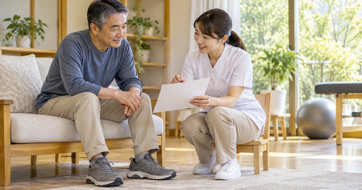 活動について専門職と相談する男性