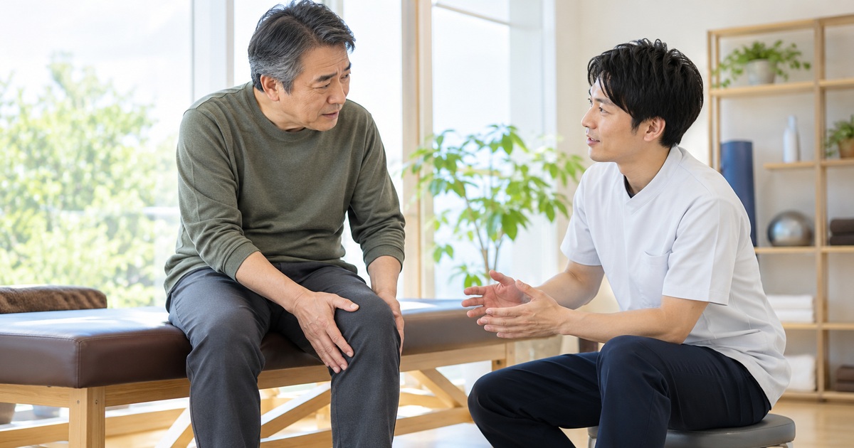 膝の状態について専門職と相談する男性