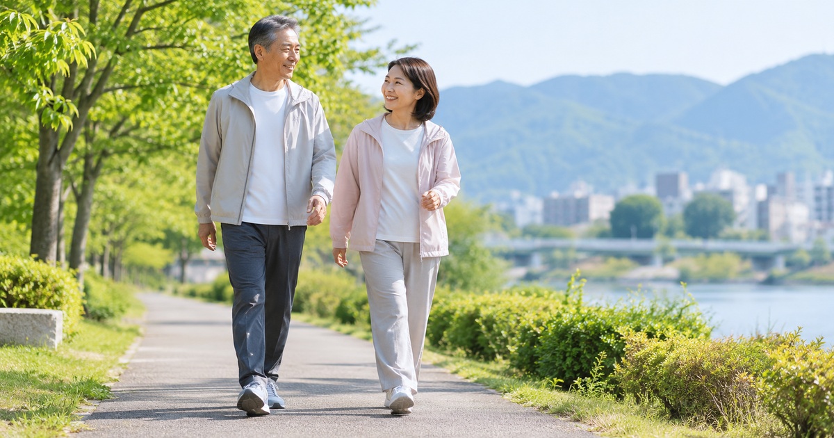 平らな道を一緒に歩く男女