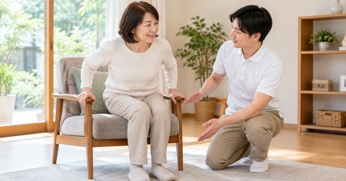 椅子からの立ち上がりについて専門職と相談する女性
