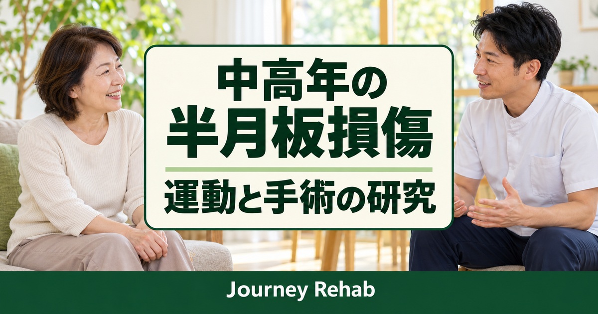 「中高年の／半月板損傷／運動と手術の研究」とJourney Rehabの文字、膝について相談する男性と専門職を描いた生成サムネイル