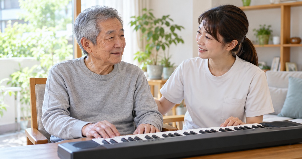 電子キーボードを前に専門職と相談する高齢男性