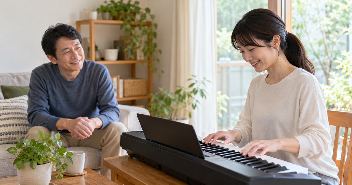 自宅の電子キーボードを囲んで過ごす男女